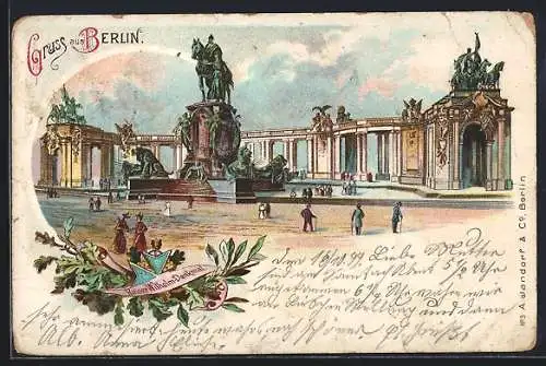 Lithographie Berlin, Passanten am Kaiser Wilhlem-Denkmal