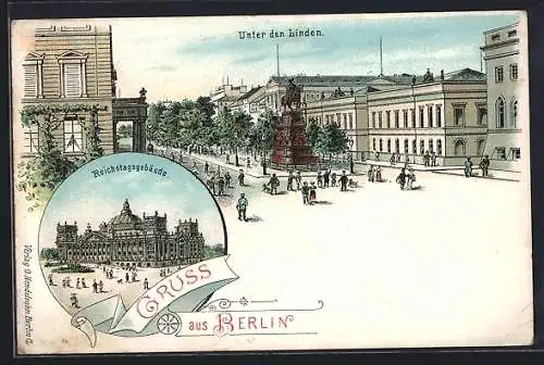 Lithographie Berlin, Unter den Linden mit Skulptur, Reichstagsgebäude