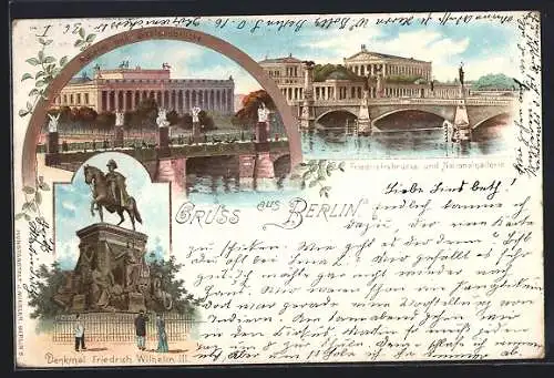 Lithographie Berlin, Museum und Schlossbrücke, Denkmal Friedrich Wilhem III., Friedrichbrücke und Nationalgallerie