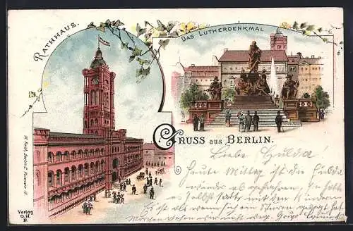 Lithographie Berlin, Lutherdenkmal und Rathaus, Neuer Markt