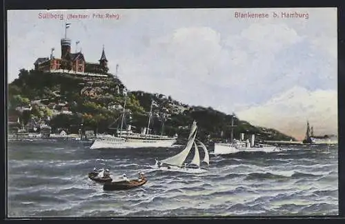 AK Blankenese b. Hamburg, Dampfer und Segelschiff vor der Küste mit Süllberg