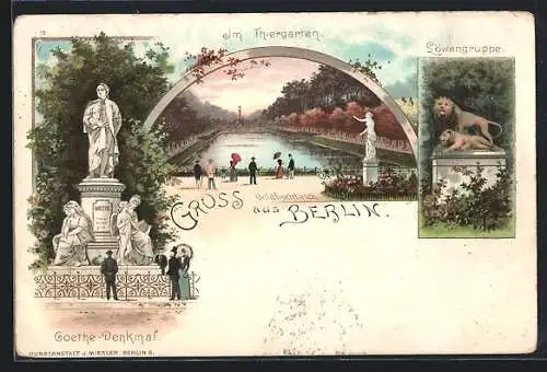 Lithographie Berlin-Tiergarten, Ansicht vom Goldfischteich im Tiergarten, Löwengruppe, Goethe-Denkmal