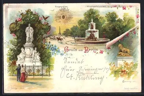 Lithographie Berlin-Tiergarten, Goethe-Denkmal, Wrangelbrunnen und Löwengruppe