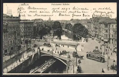 AK Berlin, Strassenbahnen und Pferdekutsche auf der Posdamer Brücke