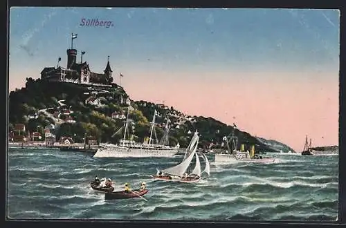 AK Hamburg-Blankenese, Blick auf den Süllberg, Dampfer, Segelboot, Ruderboote