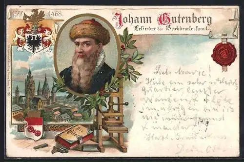 Lithographie Mainz, Zur Erinnerung an die fünfhundertjährige Gutenberg-Jubelfeier, 1400-1900, Ortspartie, Portrait