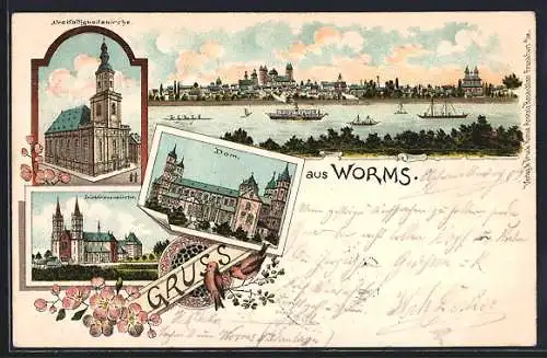 Lithographie Worms, Dreifaltigkeitskirche, Liebfrauenkirche, Dom, Ortsansicht