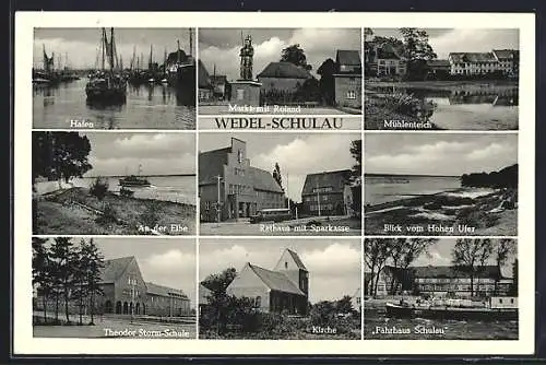 AK Wedel-Schulau, Hafen, Rathaus mit Sparkasse, Kirche, Theodor-Storm-Schule, Roland und Elbpartie