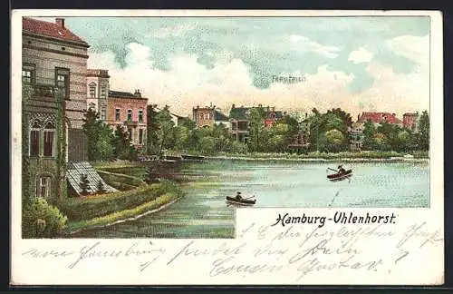 Lithographie Hamburg-Uhlenhorst, Blick auf den Feenteich mit Booten