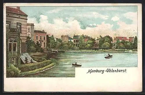 Lithographie Hamburg-Uhlenhorst, Partie am Feenteich mit Ruderern