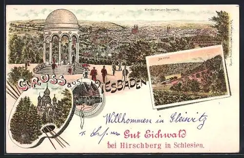 Lithographie Wiesbaden, Ansicht vom Neroberg, Griesch. Kapelle