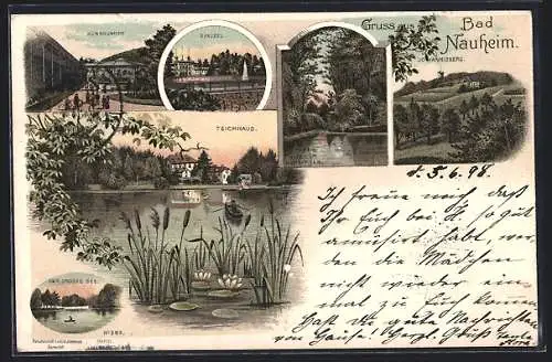 Lithographie Bad Nauheim, Teichhaus, Der grosse See, Sprudel