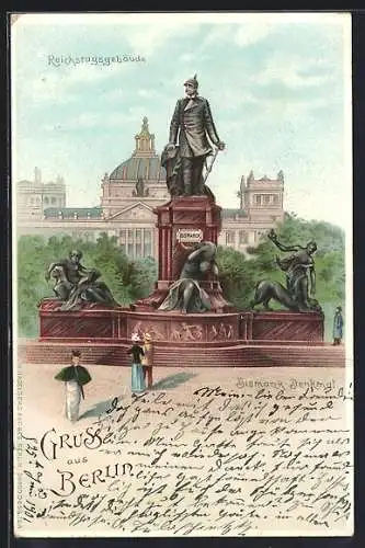 Lithographie Berlin-Tiergarten, Partie vor dem Reichstagsgebäude mit Bismarck-Denkmal