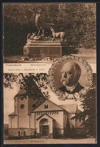 AK Friedrichsruh, Bismarck-Gruftkapelle, Hirschgruppe, Porträt Fürst Otto von Bismarck