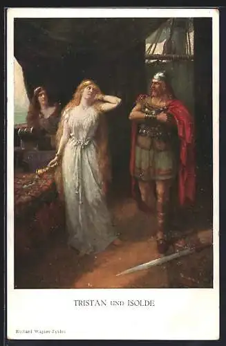 Künstler-AK Tristan und Isolde, Frau mit Gefäss in der Hand, Mann legt sich die Hand auf die Brust