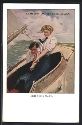 Künstler-AK Clarence F.Underwood: Skipper and Mate, Frau am Steuerruder eines Segelbootes