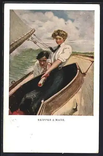 Künstler-AK Clarence F.Underwood: Skipper and Mate, Frau am Steuerruder eines Segelbootes