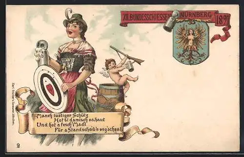 Lithographie Nürnberg, XII. Deutsches Bundesschiessen 1897, Frau im Dirndl mit Zielscheibe