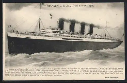 AK Passagierschiff France auf stürmischer See, Cie. Générale Transatlantique