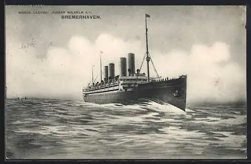 AK Passagierschiff Kaiser Wilhelm II. pflügt durchs Wasser, Nordd. Lloyd