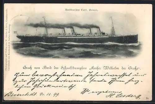 AK Passagierschiff Kaiser Wilhelm der Grosse auf hoher See