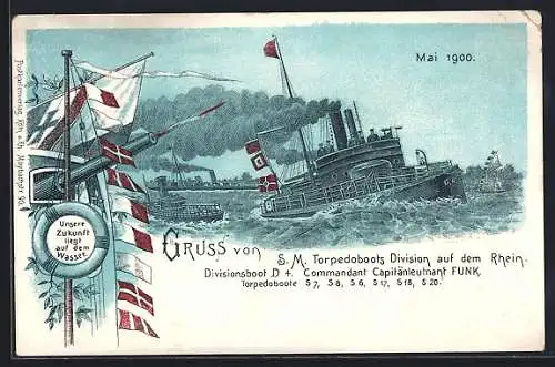 Lithographie S. M. Torpedoboots Division auf dem Rhein, Divisionsboot D4, Kapitänleutnant Funk