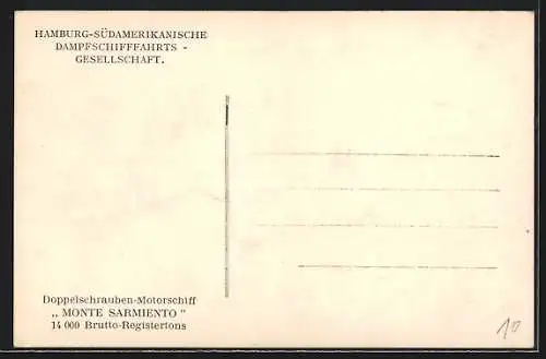 AK Doppelschrauben-Motorschiff Monte Sarmiento, Hamburg-Südamerik. Dampfschifffahrts-Gesellschaft