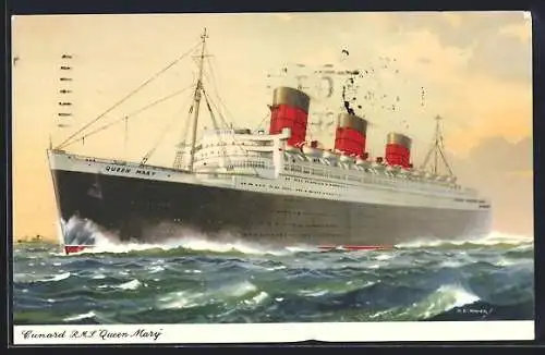 AK Passagierschiff Cunard R.M.S. Queen Mary in stürmischer See