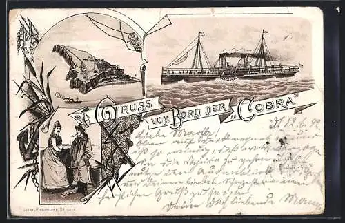 Lithographie Helgoland, Passagierschiff Cobra auf dem Meer, die Insel Helgoland 1892