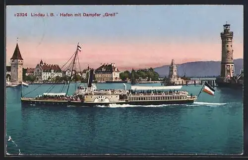 AK Lindau i. B., Hafen mit Bodenseedampfer Greif