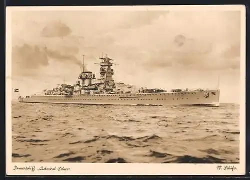 AK Panzerschiff Admiral Scheer d. Kriegsmarine in voller Fahrt