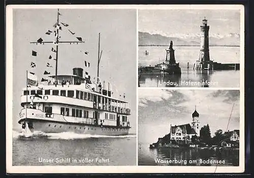 AK MS Allgäu in Flaggengala auf dem Bodensee, Hafeneinfahrt Lindau, Wasserburg