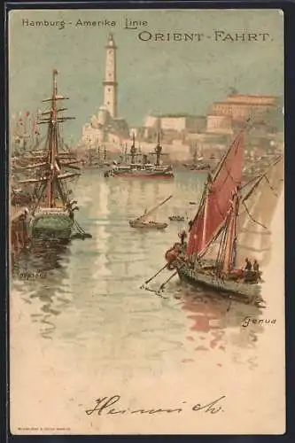 Lithographie Passagierschiff im Hafen von Genua, Hamburg-Amerika-Linie