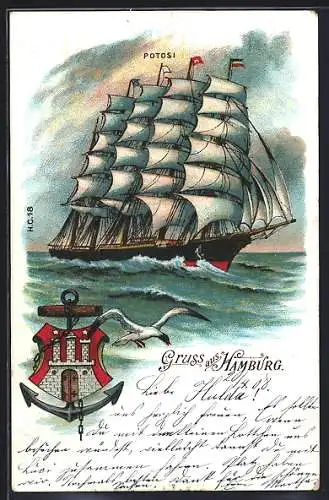 Lithographie Hamburg, Das Segelschiff Potosi auf hoher See