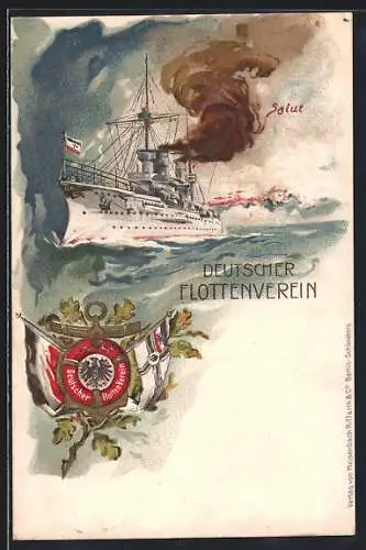 Lithographie Deutscher Flottenverein, Kriegsschiff auf hoher See