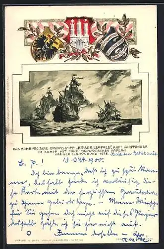 Lithographie Das Hamburgische Convoyschiff Kaiser Leopold unter Cpt. Karpfanger im Kampf mit fünf franz. Kapern