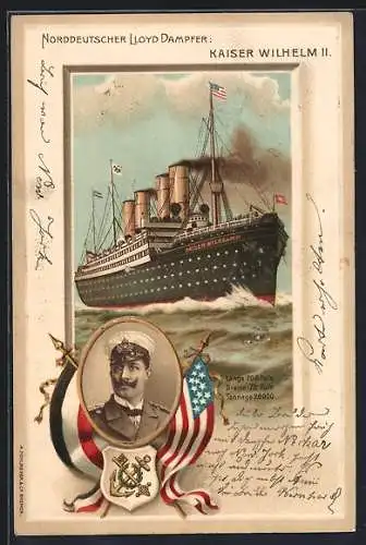 AK Passagierschiff Kaiser Wilhelm II. auf hoher See, Nordd. Lloyd, Portrait des Kaisers