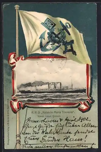 Lithographie Passagierschiff RPD Kaiserin Maria Theresia, Nordd. Lloyd, Passepartout mit Flagge