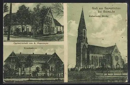 AK Neuenkirchen bei Bramsche, Gasthaus von A. Haarmeyer, Krankenhaus, Kath. Kirche