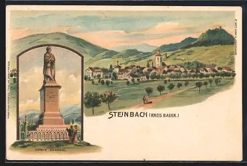 Lithographie Steinbach /Baden, Erwin Denkmal, Panoramablick auf Ort und Landschaft