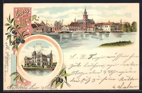 Lithographie Leer / Ostfriesland, Schloss Evenburg, Stadt-Panorama