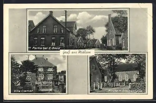 AK Midlum, Villa Cramer, Strassenpartie bei E. Smid, Kirche mit Glockenturm