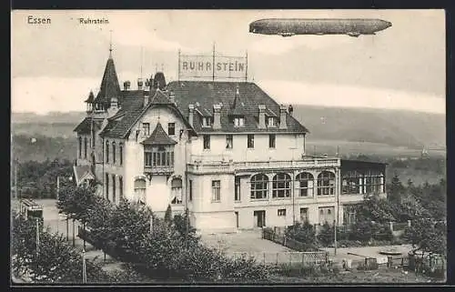 AK Essen, Zeppelin über dem Hotel Ruhrstein