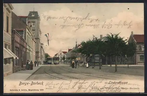 AK Berge-Borbeck, Lindenstrasse mit Trinkhalle und Strassenbahnen