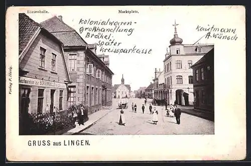 AK Lingen a. Ems, Marktplatz mit Restaurant zur Börsenhalle