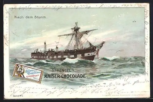 Künstler-AK Willy Stoewer: Reklame für Sprengel`s Kaiser-Chocolade, Segelschiff nach dem Sturm, Kakao