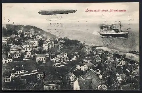 AK Hamburg-Blankenese, Zeppelin über der Elbe, Dampfer