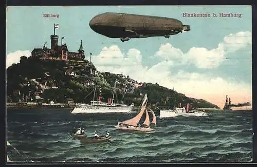 AK Hamburg-Blankenese, Zeppelin über dem Süllberg, Dampfer, Segelboot, Ruderboot