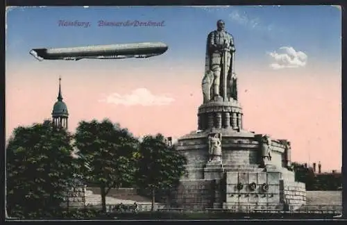 AK Hamburg, Bismarck-Denkmal mit Zeppelin im Hintergrund