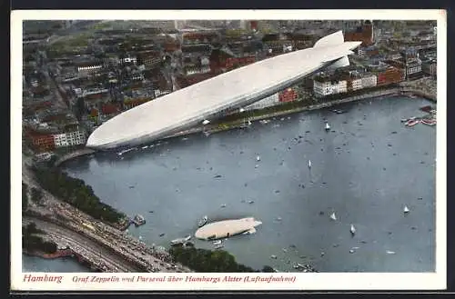 AK Hamburg, Graf Zeppelin und Parseval über der Alster